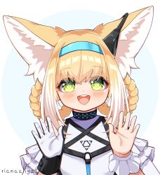 Rule 34 | 1girl, absurdres, animal ear fluff, animal ears, arknights, bare shoulders, black collar, black gloves, blonde hair, blue hairband, blush, braid, braided hair rings, collar, colored tips, commentary, earpiece, fox ears, fox girl, frilled sleeves, frills, gloves, green eyes, hair rings, hairband, hands up, highres, infection monitor (arknights), looking at viewer, multicolored hair, mydeviant, open mouth, short sleeves, signature, single glove, single wrist cuff, solo, suzuran (arknights), teeth, twin braids, two-tone gloves, two-tone hair, upper body, upper teeth only, white gloves, white hair, wrist cuffs