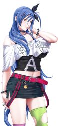 Rule 34 | 1girl, belt, blue hair, bracelet, breasts, choker, game cg, hair ribbon, ikazaki reia, jewelry, large breasts, legs, long hair, looking at viewer, navel, p/a: potential ability, ribbon, sei shoujo, simple background, skirt, solo, spiked bracelet, spikes, standing, thighs, white background, yellow eyes
