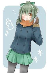 Rule 34 | 10s, 1girl, arm behind back, bad id, bad twitter id, brown eyes, coat, cowboy shot, double-breasted, gloves, green hair, highres, kantai collection, leggings, long sleeves, one eye closed, open mouth, pantyhose, scarf, skirt, smile, snowflakes, snowman, solo, souhi, waving, winter clothes, winter coat, yuubari (kancolle)