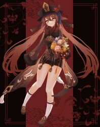 Rule 34 | 1girl, absurdres, bare legs, black headwear, black shorts, bouquet, breasts, bright pupils, brown coat, brown eyes, brown footwear, brown hair, coat, flower, flower-shaped pupils, genshin impact, hat, hat flower, highres, holding, holding bouquet, hu tao (genshin impact), long hair, long sleeves, looking at viewer, patterned background, porkpie hat, red shirt, shirt, shorts, sinonomemikann, sleeves past wrists, small breasts, socks, symbol-shaped pupils, twintails, two-tone background, very long hair, white pupils, white socks, wide sleeves