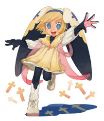 Rule 34 | + +, 1girl, :d, absurdres, arm up, bad id, bad pixiv id, black gloves, black pantyhose, blonde hair, blue eyes, boots, commentary request, cross, earrings, elbow gloves, full body, gloves, high-waist skirt, highres, jewelry, latin cross, long sleeves, open mouth, original, outstretched arm, pantyhose, puffy long sleeves, puffy sleeves, see-through, shirt, skirt, smile, solo, standing, standing on one leg, white background, white footwear, white shirt, yai (hachihito), yellow skirt
