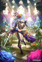 Rule 34 | 1girl, absurdres, armor, asymmetrical clothes, belt, belt chain, black gloves, black pants, blowing kiss, blue flower, blue hair, blue rose, boots, breastplate, breasts, bug, bush, butterfly, cleavage, clothing cutout, couter, crinoline, cross-laced clothes, flower, full body, gloves, hair between eyes, hair flower, hair ornament, heart, highres, holding, holding sword, holding weapon, indoors, insect, knees together feet apart, leaf, leg cutout, light blue hair, light particles, light rays, long hair, long sleeves, looking at viewer, medium breasts, midriff, official art, one eye closed, orange belt, orange flower, orange rose, overgrown, pants, pauldrons, pink flower, pink rose, plant, pom pom (clothes), puckered lips, purple footwear, purple skirt, romancing saga re;universe, rose, ruins, shoulder armor, showgirl skirt, shrug (clothing), single pantsleg, single pauldron, skirt, solo, stairs, standing, standing on one leg, sword, tef, thigh cutout, vambraces, vines, weapon, window, yellow eyes