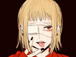 Rule 34 | 1girl, black background, black nails, blonde hair, chainsaw man, earrings, eyepatch, geromi (st 3924), highres, jacket, jewelry, long sleeves, looking at viewer, medical eyepatch, nail polish, open mouth, piercing, red eyes, red jacket, sawatari akane (chainsaw man), short hair, slit pupils, solo, tongue, tongue out, tongue piercing