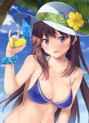 Rule 34 | 1girl, :d, bare arms, bare shoulders, bikini, blue bikini, blue sky, blush, breasts, brown hair, cleavage, cloud, collarbone, day, finger on trigger, flower, glint, halterneck, hand up, hat, hat flower, highres, holding, large breasts, long hair, looking at viewer, navel, open mouth, original, outdoors, palm tree, purple eyes, scrunchie, sky, smile, solo, sparkle, stomach, sun hat, sunlight, swimsuit, tree, unasaka ryou, upper body, water gun, white hat, wrist scrunchie, yellow flower