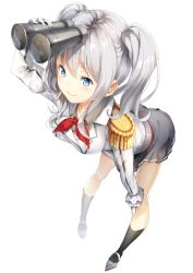 Rule 34 | 10s, 1girl, bad id, bad pixiv id, binoculars, black socks, blue eyes, blush, breasts, collarbone, collared shirt, epaulettes, frilled sleeves, frills, full body, gloves, grey shirt, hand on own knee, holding, jacket, kantai collection, kashima (kancolle), kerchief, kneehighs, large breasts, leaning forward, military, military uniform, miniskirt, pleated skirt, shirt, shoes, sidelocks, silver hair, simple background, skirt, smile, socks, sola (solo0730), sola syu, solo, twintails, two side up, uniform, wavy hair, white background, white gloves