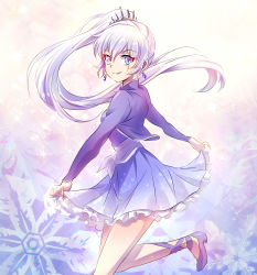 Rule 34 | 1girl, blue dress, blue eyes, commentary request, dress, earrings, floating hair, foot up, grin, hair ornament, highres, iesupa, jewelry, long hair, looking at viewer, platform footwear, platform heels, rwby, sash, scar, scar across eye, short dress, side ponytail, skirt hold, smile, snowflake background, solo, sparkle, thighs, tiara, weiss schnee