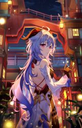 Rule 34 | 1girl, ahoge, architecture, back, backless outfit, backlighting, bare shoulders, blue hair, brown gloves, brown pantyhose, building, detached sleeves, east asian architecture, from behind, ganyu (genshin impact), genshin impact, gloves, goat horns, gold trim, highres, horns, lantern, long hair, long sleeves, looking at viewer, looking back, low ponytail, night, outdoors, pantyhose, pink eyes, solo, standing, star-ring