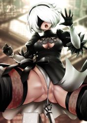 Rule 34 | 1girl, anus, anus peek, ass, black dress, black gloves, black thighhighs, blindfold, boots, breasts, cleavage, cleft of venus, dress, facing viewer, from below, gloves, hairband, medium breasts, mole, mole under mouth, nier (series), nier:automata, open mouth, panties, partially visible anus, pod (nier:automata), short hair, solo, souryu, teeth, thigh boots, thighhighs, tongue, two-sided fabric, two-sided skirt, underwear, wedgie, white hair, white panties, 2b (nier:automata)
