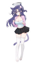 Rule 34 | 1girl, absurdres, alternate costume, animal ear legwear, animal ears, ash (cat7evy), black skirt, blue archive, blush, breasts, cat ear legwear, cat ears, cat tail, cleavage, collarbone, full body, halo, highres, large breasts, long hair, long sleeves, mechanical halo, open clothes, open mouth, open shirt, pink shirt, pleated skirt, purple eyes, purple hair, shirt, simple background, skirt, solo, tail, thighhighs, white background, white shirt, white thighhighs, yuuka (blue archive)