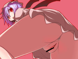 Rule 34 | 1girl, anus, ass, bad id, bad pixiv id, bar censor, blue hair, censored, female focus, from below, hakika, hat, looking back, miniskirt, no panties, pink background, pussy, red eyes, remilia scarlet, short hair, simple background, skirt, solo, touhou, upskirt, wings