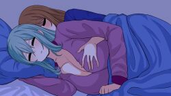 Rule 34 | 2girls, animated, animated gif, aqua hair, asa midori, bed, bed sheet, blush, breast lift, breasts, brown hair, cleavage, closed eyes, grabbing, grabbing another&#039;s breast, huge breasts, indoors, long hair, lying, multiple girls, no bra, on bed, on side, original, parted lips, pillow, rezu (the only shoe), sleeping, the only shoe, yuri