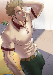 Rule 34 | 1boy, absurdres, bara, beige shirt, blue hair, bulge, collared shirt, commentary, english commentary, from above, green pants, grin, hand in own hair, highres, large pectorals, light brown hair, male focus, muscular, muscular male, paid reward available, pants, pectorals, q-force, paid reward available, shirt, short hair, sideburns, smile, solo, steve maryweather, suyohara, undercut