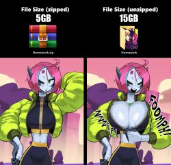Rule 34 | 1girl, ahoge, android, before and after, black skin, breasts, bursting breasts, cleavage, closed eyes, colored skin, down jacket, english text, facial mark, gattles, green eyes, green jacket, grey skin, high-waist pants, huge breasts, jacket, joints, midriff, multicolored skin, no bra, one eye closed, pants, personification, pink hair, robot joints, short eyebrows, short hair, solo, two-tone skin, undersized clothes, unzipping, winrar, zip file (object), zipper pull tab