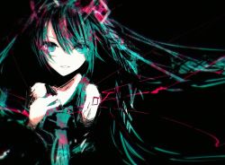Rule 34 | 1girl, black background, blue eyes, detached sleeves, floating hair, green hair, hair between eyes, hatsune miku, highres, long hair, looking at viewer, parted lips, sketch, smile, solo, twintails, unf (unotfound 404), upper body, very long hair, vocaloid