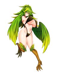 Rule 34 | 1girl, bare shoulders, bikini, bird legs, black bikini, blush, breasts, commentary request, feathered wings, full body, green eyes, green hair, green wings, groin, hair between eyes, harpy, head tilt, highleg, highleg bikini, huge breasts, long hair, looking at viewer, marota, monster girl, navel, simple background, solo, stomach, succubus puttel, swimsuit, thighs, white background, winged arms, wings