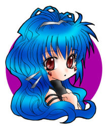 Rule 34 | 1girl, alfimi, armlet, banpresto, blue hair, hair ornament, hairclip, hand on own chest, long hair, looking at viewer, lowres, ponytail, red eyes, simple background, solo, super robot wars, tiara, upper body, very long hair, white background