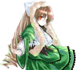 Rule 34 | 00s, 1girl, brown hair, corset, dress, drill hair, flat chest, frills, green dress, hat, lolita fashion, long hair, long sleeves, outstretched arm, red eyes, ribbon, rozen maiden, solo, straightchromia, suiseiseki, twin drills, twintails, very long hair, white background