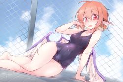 Rule 34 | 1girl, blue one-piece swimsuit, chain-link fence, commentary request, fence, fingernails, fumitsuki (minaduki 6), hand on own face, long fingernails, looking at viewer, lying, messy hair, mystia lorelei, one-piece swimsuit, open mouth, pink eyes, pink hair, school swimsuit, sharp fingernails, short hair, sky, smile, solo, sweatdrop, swimsuit, tile floor, tiles, touhou, wings
