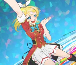 Rule 34 | 1girl, absurdres, artist request, ayase eli, blonde hair, blue eyes, blush, bokura no live kimi to no life, bow, buttons, collared shirt, female focus, fringe trim, hair ribbon, highres, idol, long hair, looking at viewer, love live!, love live! school idol project, neck ribbon, neckwear request, pachiko114, ponytail, red ribbon, red shirt, ribbon, shirt, short hair, short sleeves, skirt, smile, solo, standing, standing on one leg, white bow, white ribbon, white skirt