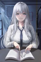 Rule 34 | 1girl, absurdres, black necktie, book, breasts, collared shirt, curtains, dress shirt, grey eyes, grin, hair intakes, highres, holding, holding knife, indoors, knife, korean commentary, large breasts, lillly, long hair, long sleeves, looking at viewer, necktie, open book, original, parted lips, picture frame, raised eyebrows, shirt, sidelocks, sitting, smile, solo, table, taut clothes, taut shirt, teeth, upper body, watermark, white hair, white shirt, window
