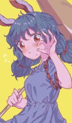 Rule 34 | 1girl, :o, animal ears, blue dress, blue hair, blush, breasts, commentary request, dress, highres, holding, holding mallet, kine, long hair, looking at viewer, low twintails, mallet, ok sign, open mouth, rabbit ears, red eyes, satomachi, seiran (touhou), short sleeves, simple background, small breasts, solo, touhou, twintails, upper body, yellow background
