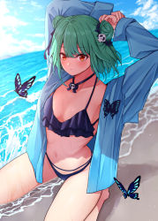 Rule 34 | 1girl, arms up, beach, bikini, black bikini, blush, breasts, brown eyes, bug, butterfly, closed mouth, collarbone, day, dodon gadon, double bun, green hair, hair bun, hair ornament, hololive, insect, looking at viewer, outdoors, sand, seiza, short hair, sitting, skull hair ornament, small breasts, solo, swimsuit, uruha rushia, virtual youtuber