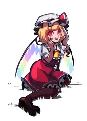Rule 34 | 1girl, ascot, black footwear, blonde hair, brown pantyhose, collared shirt, crystal, flandre scarlet, frilled ascot, frilled shirt collar, frills, hat, hat ribbon, highres, iganashi1, medium hair, mob cap, one-hour drawing challenge, one side up, pantyhose, puffy short sleeves, puffy sleeves, red eyes, red skirt, red vest, ribbon, shirt, short sleeves, side ponytail, simple background, sitting, skirt, skirt set, solo, tongue, tongue out, touhou, vest, white background, wings, yellow ascot