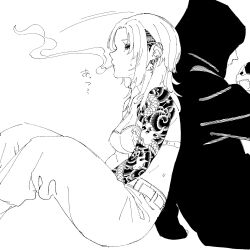 1boy 1girl arm_tattoo back-to-back bra breasts cigarette ear_piercing greyscale highres hood hood_up hoodie monochrome no_shirt original piercing sitting sketch small_breasts smoking tattoo underwear untsuku