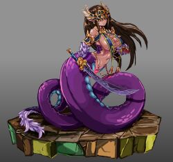 Rule 34 | 1girl, basilisk (monster girl encyclopedia), blindfold, brown hair, commentary request, dark-skinned female, dark skin, egyptian clothes, full body, gold, highres, holding, holding weapon, lamia, long hair, monster girl, monster girl encyclopedia, navel, purple tail, scales, solo, stomach, sword, udetamago, weapon