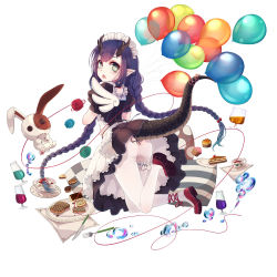 Rule 34 | 1girl, ass, balloon, braid, bubble, cake, cup, dragon girl, dragon horns, dragon tail, drinking glass, eclair (food), food, fork, full body, glass, highres, horns, kai-ri-sei million arthur, knife, long hair, looking at viewer, looking back, maid, million arthur (series), muffin, official art, pillow, plate, pointy ears, puppet, saucer, simple background, slit pupils, solo, stuffed animal, stuffed rabbit, stuffed toy, tail, teacup, wait, white background, wine glass, wings, yarn, yarn ball