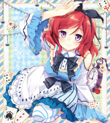 Rule 34 | 1girl, alice (alice in wonderland), alice (alice in wonderland) (cosplay), alice in wonderland, blush, card, cosplay, dress, love live!, love live! school idol project, mocha (naturefour), nishikino maki, playing card, purple eyes, red hair, short hair, smile, solo, striped clothes, striped thighhighs, thighhighs