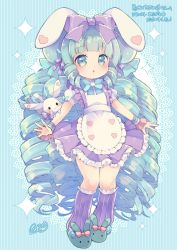 Rule 34 | 1girl, :o, animal, animal ears, animal slippers, apron, aruya (flosrota), blue bow, blush, borrowed character, bow, bunny slippers, commission, drill hair, frilled apron, frilled skirt, frills, full body, green eyes, green footwear, green hair, hair bow, kneehighs, long hair, looking at viewer, original, parted lips, pleated skirt, puffy short sleeves, puffy sleeves, purple bow, purple skirt, purple socks, rabbit, rabbit ears, ribbed legwear, shirt, short sleeves, sidelocks, skeb commission, skirt, slippers, socks, solo, striped, striped background, suspender skirt, suspenders, vertical stripes, very long hair, white apron, white shirt, wrist cuffs