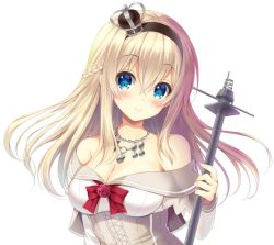 Rule 34 | 10s, 1girl, blonde hair, blue eyes, braid, breasts, cleavage, crown, dress, flower, french braid, kantai collection, kuroe (sugarberry), long hair, long sleeves, looking at viewer, mini crown, off-shoulder dress, off shoulder, red flower, red ribbon, red rose, ribbon, rose, scepter, smile, solo, upper body, warspite (kancolle), white dress