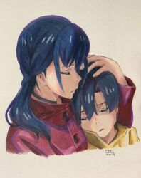 Rule 34 | 1boy, 1girl, absurdres, amano hina (tenki no ko), amano nagi, artist name, black choker, black hair, blue hair, brother and sister, choker, closed eyes, colored pencil (medium), commentary, dated, english commentary, highres, long hair, long sleeves, low twintails, making-of available, mixed-language commentary, p.art, red raincoat, short hair, siblings, tenki no ko, traditional media, twintails, upper body, yellow raincoat