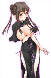 1girl bad_id bad_pixiv_id blush breast_hold breasts brown_eyes brown_hair china_dress chinese_clothes dress female_focus kanda_aya large_breasts motoori_chigusa nipples original simple_background small_nipples solo thighhighs twintails