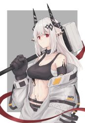 Rule 34 | 1girl, absurdres, arknights, armband, bandages, bare shoulders, black choker, black gloves, breasts, chest sarashi, choker, cleavage, commentary, crop top, gloves, hammer, hand up, highres, holding, holding hammer, holding weapon, horns, infection monitor (arknights), large breasts, long hair, looking at viewer, material growth, midriff, mudrock (arknights), mudrock (elite ii) (arknights), n.e., navel, off shoulder, oripathy lesion (arknights), over shoulder, pointy ears, red eyes, sarashi, silver hair, solo, sports bra, stomach, upper body, weapon, weapon over shoulder