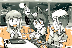 Rule 34 | 2boys, 3girls, american flag, animal ears, bowler hat, cityscape, commentary, cup, disposable cup, drink, drinking straw, earrings, fang, food, french fries, full moon, burger, hat, indoors, jacket, jewelry, monochrome, moon, multiple boys, multiple girls, original, restaurant, setz, short hair, sky, soda, spot color, surprised, sweatdrop, table, upper body, werewolf, wolf, wolf ears
