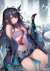 Rule 34 | 1girl, absurdres, aqua skin, arknights, baek hyang, black hair, breasts, china dress, chinese clothes, colored skin, dragon girl, dragon horns, dragon tail, dress, dusk (arknights), flame-tipped tail, highres, holding, holding paintbrush, horns, huge filesize, long hair, looking at viewer, medium breasts, necktie, paintbrush, panties, pantyshot, red eyes, red necktie, solo, tail, underwear, very long hair, white background, white dress, white panties