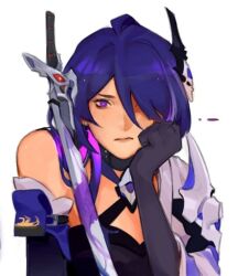 Rule 34 | 1girl, acheron (honkai: star rail), armor, black choker, black gloves, breasts, choker, cleavage, closed mouth, coat, commentary, criss-cross halter, english commentary, gloves, hair ornament, hair over one eye, halterneck, hand on own face, head rest, honkai: star rail, honkai (series), looking at viewer, purple eyes, purple hair, shoulder armor, simple background, single bare shoulder, solo, white background, white coat, xivahtune