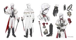Rule 34 | 1boy, absurdres, alchemy stars, black footwear, black gloves, black shirt, boots, capelet, character sheet, chenrong96, coat, coattails, concept art, earrings, emblem, eyepatch, frown, full body, gloves, highres, holding, holding own arm, holding weapon, ascot, jewelry, long sleeves, looking at viewer, magic, multiple views, nail, nails (alchemy stars), official alternate costume, pants, pointy ears, purple eyes, shirt, short hair, translation request, weapon, white background, white coat, white hair, white pants