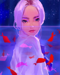 Rule 34 | 1girl, commentary, english commentary, eyeliner, eyeshadow, fish, highres, in water, jinsoul, looking at viewer, loona (group), makeup, moonmistix, neck ribbon, orange eyeshadow, ponytail, purple theme, ribbon, shirt, solo