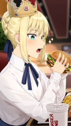 Rule 34 | 1girl, aqua eyes, artist name, artoria pendragon (all), artoria pendragon (fate), bendy straw, blonde hair, blue ribbon, blurry, blurry background, braid, burger, burger king, commentary, cup, disposable cup, drinking straw, english commentary, fast food, fate/stay night, fate (series), food, french braid, french fries, from side, highres, holding, holding food, indoors, long sleeves, neck ribbon, open mouth, paper crown, ribbon, saber (fate), sasoura, shirt, solo, sparkle, textless version, white shirt, wing collar