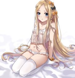 Rule 34 | 1girl, abigail williams (fate), absurdres, bad id, bad pixiv id, bare shoulders, black bow, blonde hair, blue eyes, blush, bow, breasts, camisole, collarbone, crop top, fate/grand order, fate (series), forehead, hair bow, highres, leaning back, long hair, looking at viewer, navel, open mouth, orange bow, panties, parted bangs, seiza, simple background, sitting, small breasts, smile, solo, thighhighs, thighs, underwear, very long hair, white background, white camisole, white panties, white thighhighs, ynion