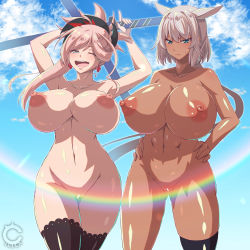 Rule 34 | 2girls, arm up, blue eyes, blush, breasts, caenis (fate), cilica, closed mouth, dark-skinned female, dark skin, fate/grand order, fate (series), hairband, hands on own hips, huge breasts, large breasts, long hair, miyamoto musashi (fate), multiple girls, navel, nipples, nude, one eye closed, open mouth, pink hair, pussy, rainbow, smile, standing, stretching, swept bangs, thighhighs, white hair