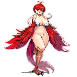Rule 34 | 1girl, animal print, antenna hair, bare shoulders, bikini, bird legs, blush, breasts, commission, cow print, feathered wings, feathers, gurimjang, harpy, highres, large breasts, midriff, monster girl, navel, open mouth, original, pixiv commission, red eyes, red feathers, red hair, red wings, short hair, short hair with long locks, sidelocks, solo, standing, standing on one leg, swimsuit, talons, white background, white hair, winged arms, wings