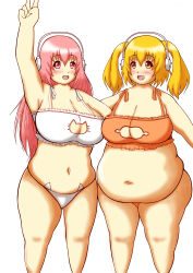Rule 34 | 2girls, absurdres, artist request, blonde hair, breasts, fat, headphones, highres, large breasts, long hair, multiple girls, nitroplus, pink hair, red eyes, super pochaco, super sonico, twintails