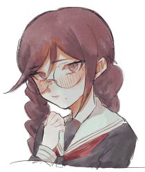 Rule 34 | 1girl, bad id, bad twitter id, bbjj 927, black sailor collar, black shirt, blush, braid, closed mouth, commentary request, cropped torso, danganronpa: trigger happy havoc, danganronpa (series), fukawa toko, glasses, hand up, highres, long hair, long sleeves, mole, mole under mouth, neckerchief, portrait, red neckerchief, sailor collar, school uniform, serafuku, shirt, simple background, solo, twin braids, upper body, white background