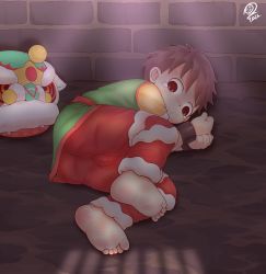 Rule 34 | 1boy, absurdres, barefoot, brown eyes, brown hair, closed mouth, commentary, costume, highres, indoors, looking at viewer, male focus, original, pants, prison, red pants, solo, solo focus, tears, xiao weiba