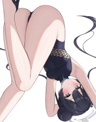 Rule 34 | 1girl, absurdres, ass, bare arms, bent over, black dress, black footwear, black hair, blue archive, blush, breasts, china dress, chinese clothes, closed mouth, commentary, double bun, dress, floating hair, grey eyes, hair bun, halo, high heels, highres, impossible hair, kisaki (blue archive), long hair, looking at viewer, small breasts, solo, thighs, tsubaki 0317, twintails, upside-down