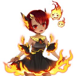 Rule 34 | 1girl, :3, black dress, black sleeves, breasts, cowboy shot, dark-skinned female, dark skin, detached sleeves, dress, fang, fiery clothing, fire, fireball, game cg, gem, gold bracelet, hair ornament, looking at viewer, master of eternity, non-web source, official art, open mouth, red eyes, red gemstone, salaime (master of eternity), short hair, simple background, small breasts, smile, solo, transparent background